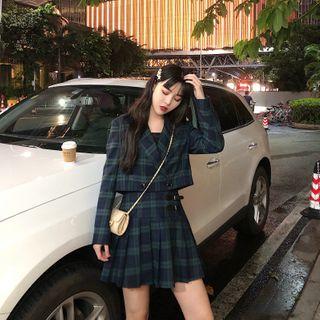 Cropped Plaid Double-breasted Blazer / Buckled Pleated Mini A-line Skirt