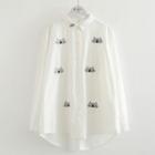 Long-sleeve Cat Embroidery Shirt White - One Size