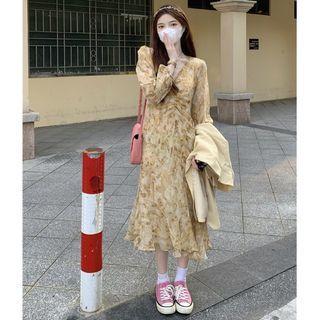 Plain Blazer / Long-sleeve Printed Midi Smock Dress