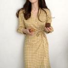 3/4-sleeve Gingham Check Midi Sheath Dress