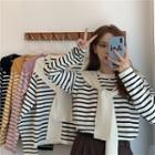 Mock Two-piece Long-sleeve Striped Tie-neck Knit Top