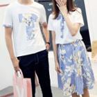 Couple Matching Printed Short Sleeve T-shirt / Set: Short Sleeve T-shirt + Floral Print Striped A-line Skirt