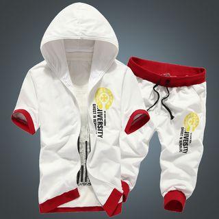 Set : Letter Short-sleeve Hooded Jacket + Shorts
