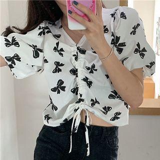 Short-sleeve Bow Print Drawstring Cropped Blouse