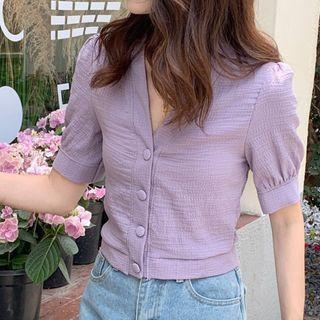 Puff-sleeve V-neck Cropped Shirt