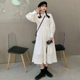 Long-sleeve Peter Pan Collar Midi A-line Dress White - One Size