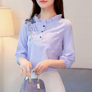 3/4-sleeve Embroidered Striped Blouse