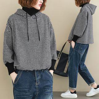 Mock Two-piece Patterned Hoodie Houndstooth - Black & White - One Size