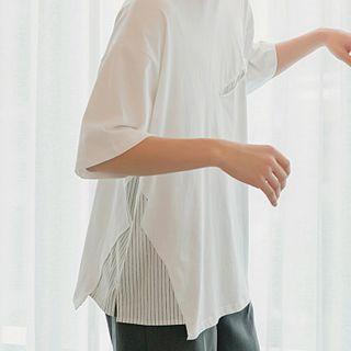 Mock Two-piece Striped Panel Distressed Tee