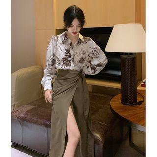 Print Long-sleeve Shirt / Plain Slit Maxi Skirt