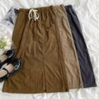 Plain Corduroy Slit Drawstring Midi Skirt