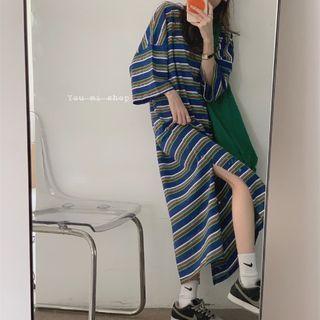 Short-sleeve Striped Midi T-shirt Dress Blue & Green - One Size
