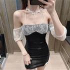 Elbow-sleeve Halter Lace Panel Mini Sheath Dress