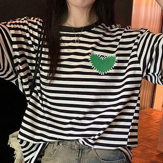 Elbow-sleeve Heart Striped T-shirt Stripe - Black & White - One Size