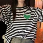 Elbow-sleeve Heart Striped T-shirt Stripe - Black & White - One Size