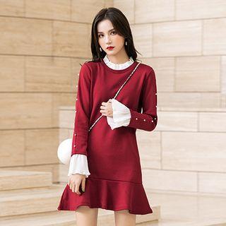 Faux Pearl Applique Long-sleeve Ruffled Shift Dress