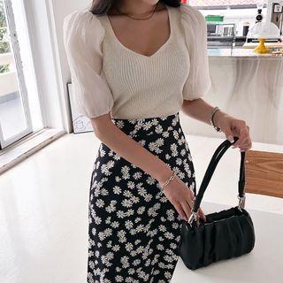 Contrast Puff-sleeve Rib-knit Top