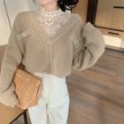 Long-sleeve V-neck Knit Cardigan / Turtle-neck Lace Top
