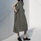 Sleeveless Midi A-line Linen Dress Army Green - One Size
