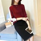 Set: Colour Block 3/4-sleeve Knit Sweater + Mini Skirt