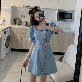 Puff-sleeve Cutout Denim A-line Dress