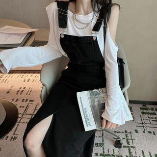 Set: Long-sleeve Off-shoulder Plain T-shirt + Plain Slit Pinafore Dress