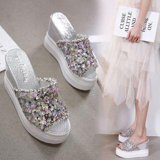 Sequined Peep Toe Wedge Platform Sandals