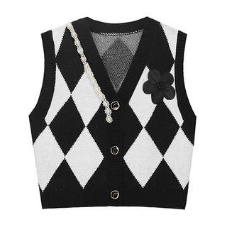 Embellished Diamond Pattern Button-up Sweater Vest Black & White - One Size