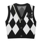 Embellished Diamond Pattern Button-up Sweater Vest Black & White - One Size