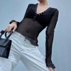 Fish Net Long Sleeve Button-front Top