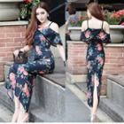 Short-sleeve Cold Shoulder Floral Midi Sheath Dress Floral - Red & Blue - One Size
