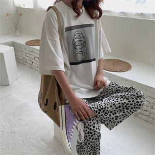 Set: Printed Short-sleeve T-shirt + Leopard Print Wide-leg Pants
