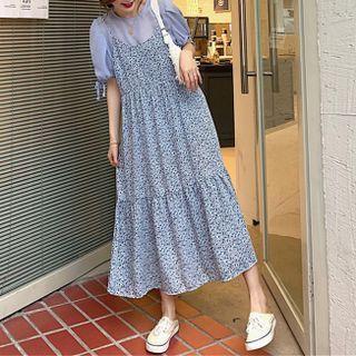 Short-sleeve Mesh Blouse / Spaghetti Strap Floral Print Midi Dress