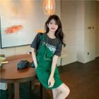 Elbow-sleeve Lettering T-shirt / Mini A-line Overall Dress