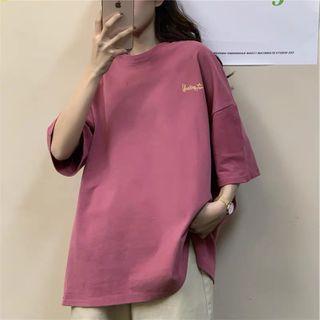 Short-sleeve Letter Embroidered T-shirt / Mock-turtleneck Long-sleeve Top