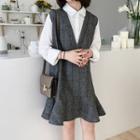 Mock Two Piece Plaid Panel Long Sleeve Collared Dress