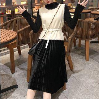 Set: Belted Vest + Midi Accordion Pleat Dress
