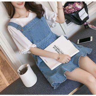 Set: Frilled Elbow-sleeve T-shirt + Dungaree Dress