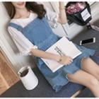 Set: Frilled Elbow-sleeve T-shirt + Dungaree Dress