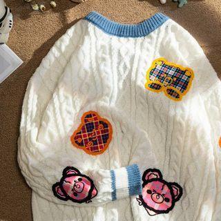 Bear Embroidered Cable Knit Sweater