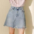 Frayed Hem Denim Mini A-line Skirt