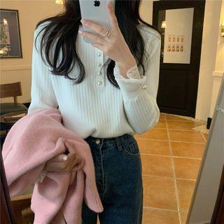 Lace Trim Ribbed Knit Top White - One Size