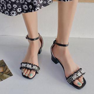 Faux Pearl Ankle-strap Chunky-heel Tweed Sandals