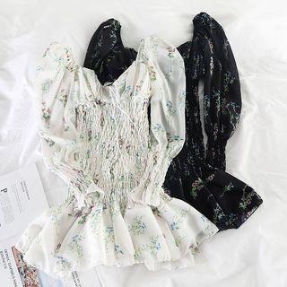 Long-sleeve Floral-pattern Smocked Mermaid Dress