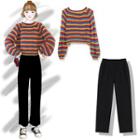 Striped V-neck Cardigan / Puff-sleeve Knit Top / Cropped Straight-fit Pants