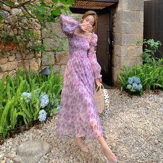 Long-sleeve Floral Print Shirred Midi A-line Organza Dress