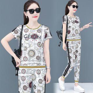 Set: Contrast Trim Printed Short-sleeve T-shirt + Cropped Sweatpants