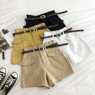 Plain High-waist Ruffled-trim Shorts With Belt