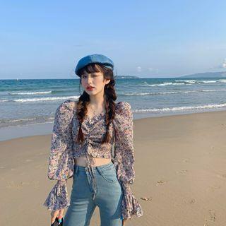 Long-sleeve Floral Print Drawcord Crop Top
