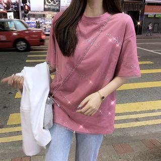 Elbow-sleeve Rhinestone Mesh Overlay T-shirt